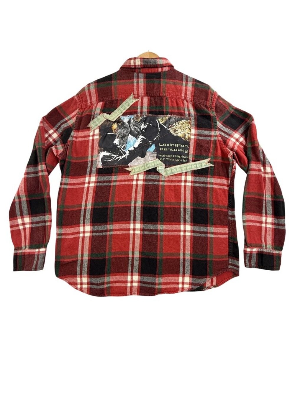 American Eagle Shirt Mens XL Plaid Flannel Button Horse Derby Polo Patchwork